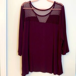 - Lane Bryant Burgundy Long Sleeve V-Neck Top w/Lace on theFront/Back. Siz…